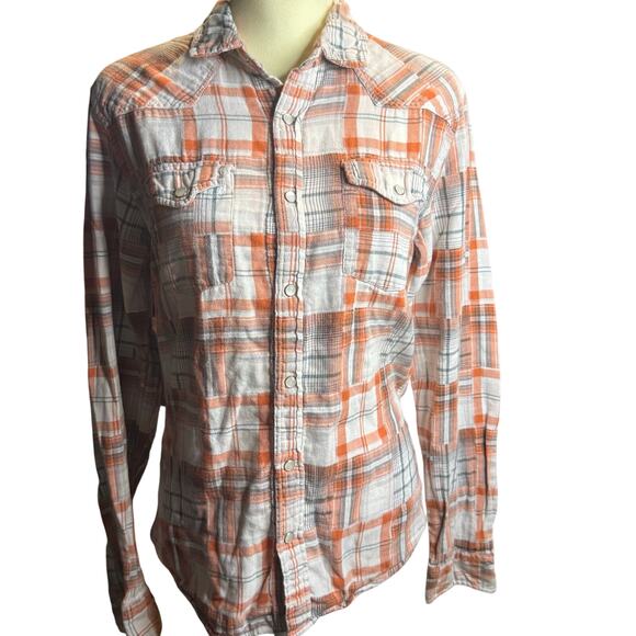 Guess Western Slim Fit Plaid Shirt, Orange and Gray Pearl Snaps, Women's Small - Picture 1 of 8